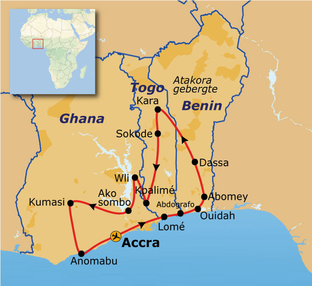 Routekaart van Ghana, Togo en Benin met reisroute langs Accra, Lomé, Kara, Dassa, Abomey en Ouidah.