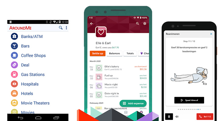 Apps AroundMe, Splitwise en EHBO app