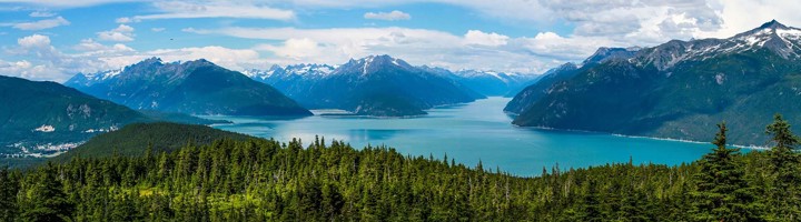 Panorama van bergen, fjord en dennenbos in Alaska tijdens een groepsrondreis.