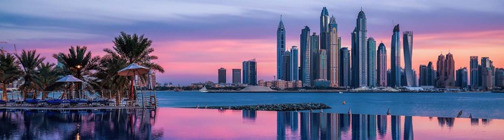 Skyline van Dubai bij zonsondergang, met wolkenkrabbers aan het water en palmbomen op de voorgrond.