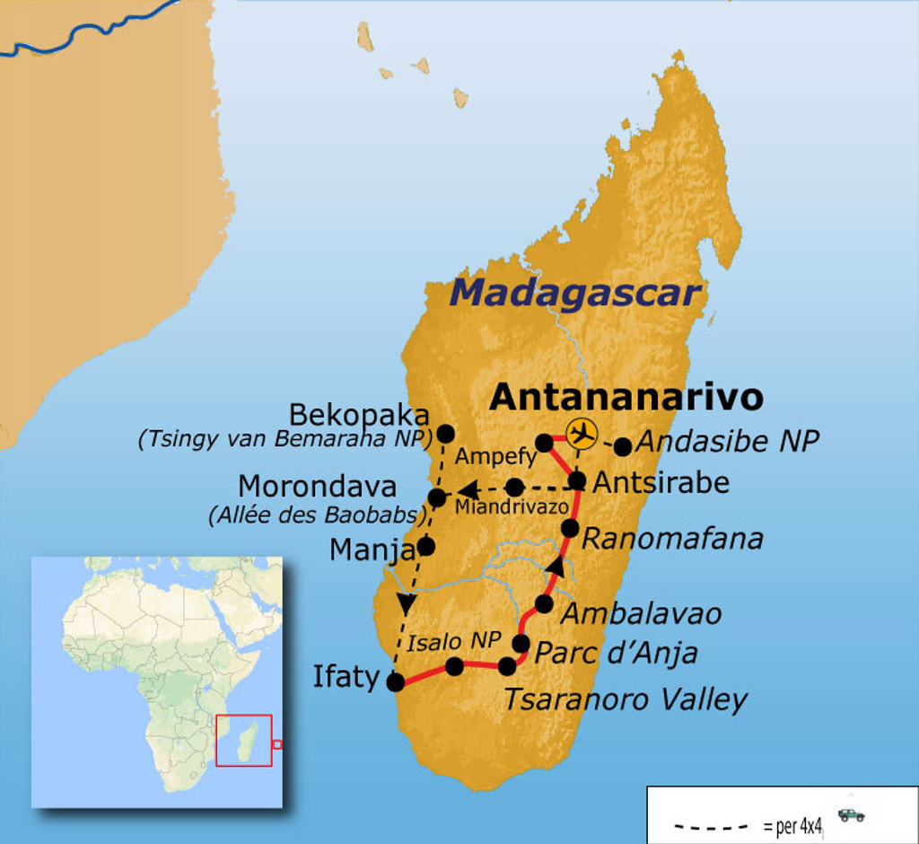 Routekaart van de 25-daagse rondreis Madagascar via Antananarivo, Andasibe NP, Morondava en Ifaty.