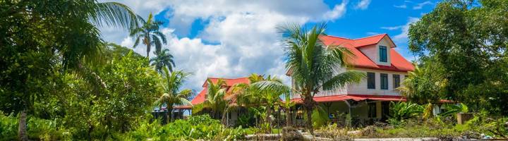 Tropisch resort met witte villa’s en rode daken tussen palmbomen onder een blauwe lucht.