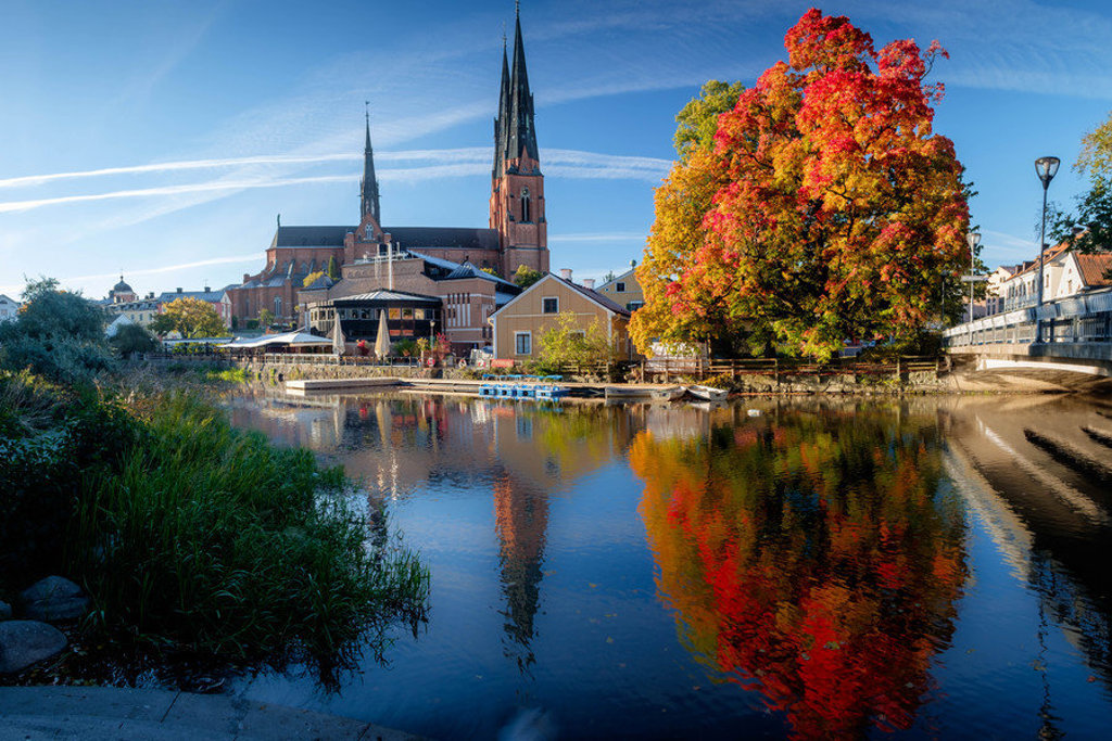 Uitzicht op de Domkerk van Uppsala met herfstkleuren langs de rivier Fyrisån, tijdens een groepsrondreis Scandinavië.